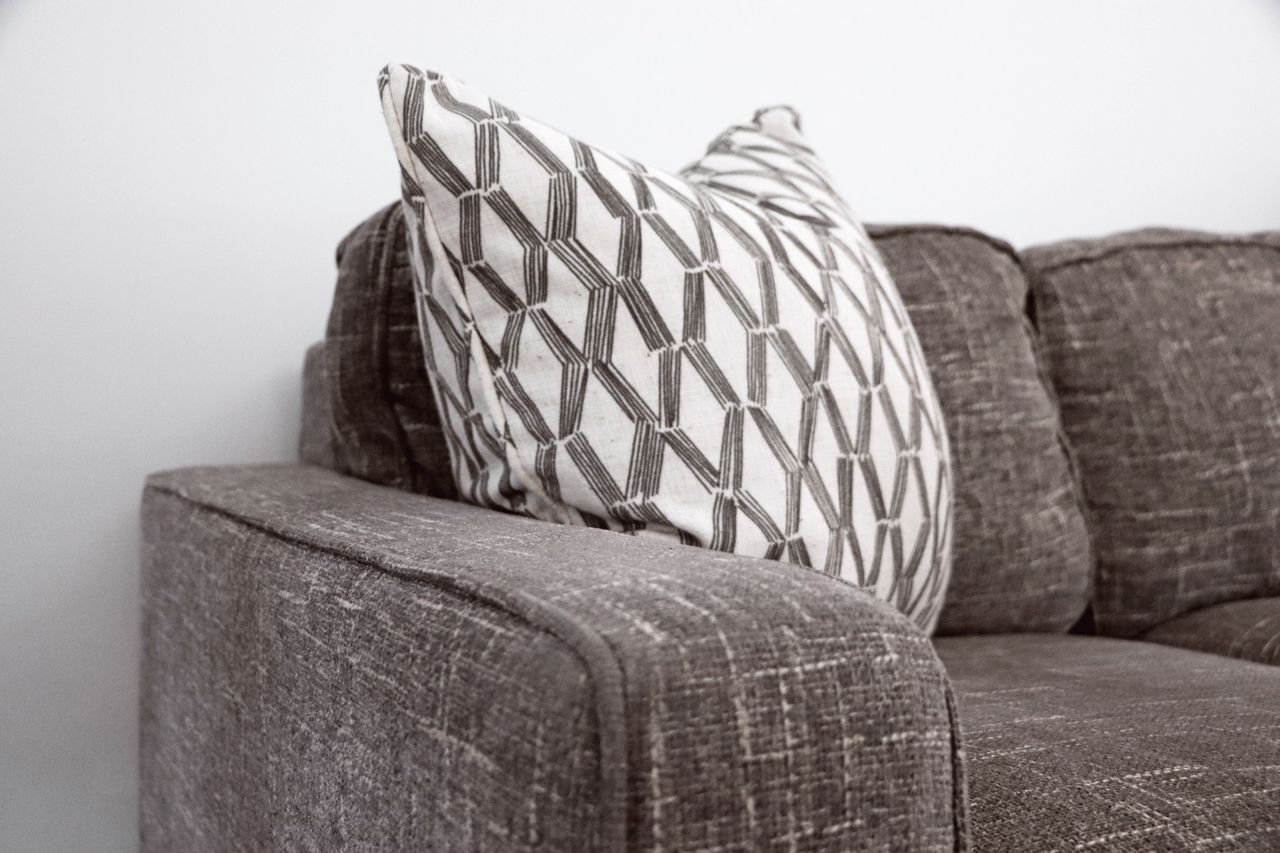 A stylish gray sofa accented by a patterned throw pillow brings a touch of elegance to any living space.